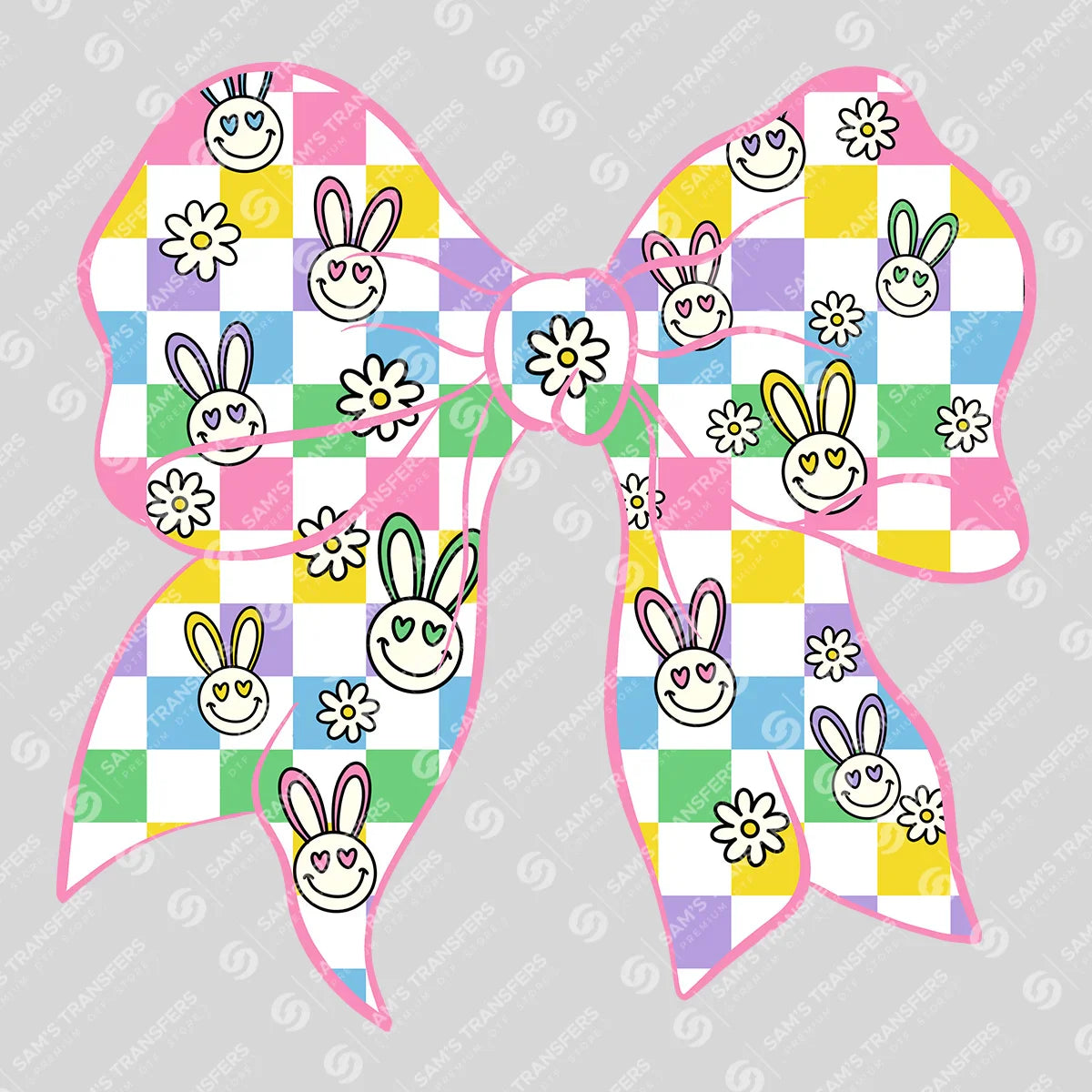 Apparel featuring a Checkered Bunny Bow-themed DTF transfer.
