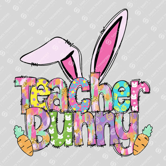 Apparel featuring a Teacher Bunny-themed DTF transfer.