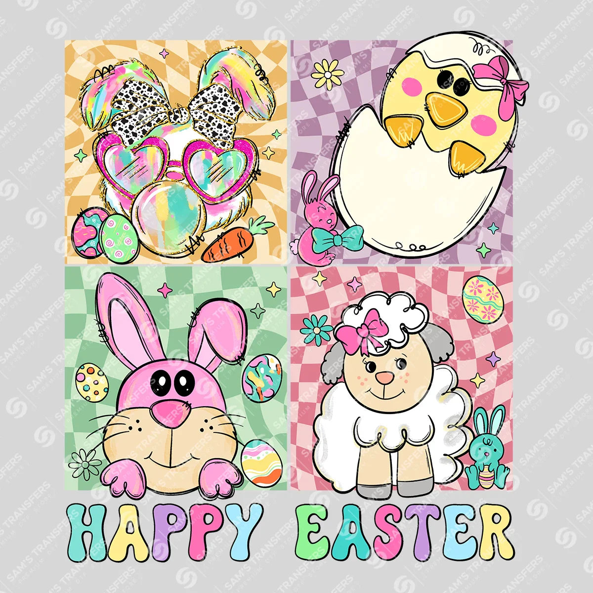 Apparel featuring a Happy Easter Friends-themed DTF transfer.