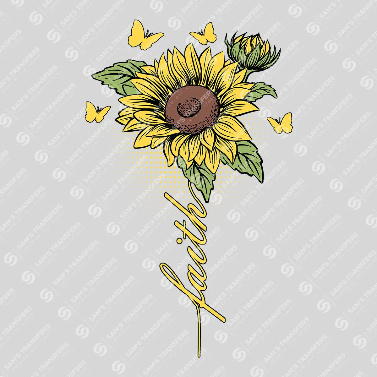 Apparel featuring a Faith Sunflower-themed DTF transfer.