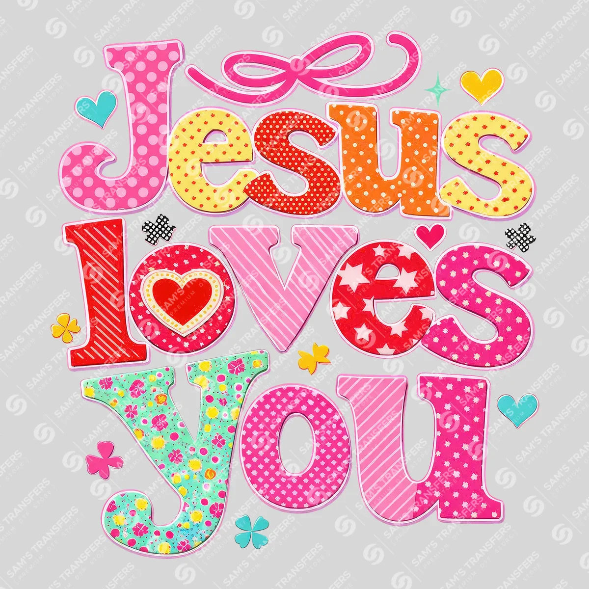 Apparel featuring a Jesus Loves You-themed DTF transfer.