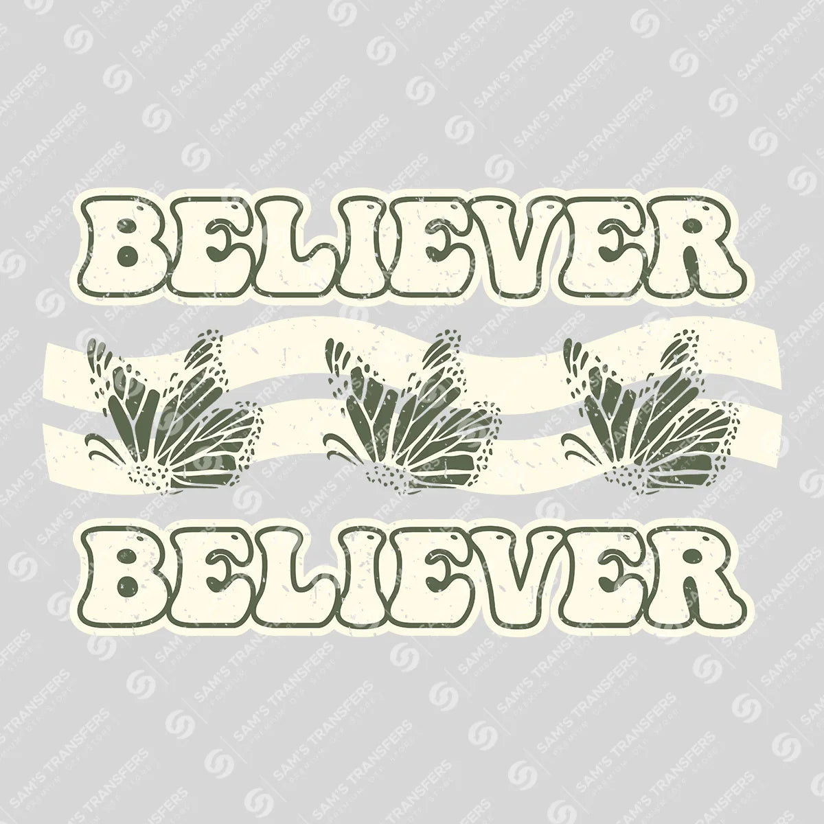 Apparel featuring a Believer-themed DTF transfer.
