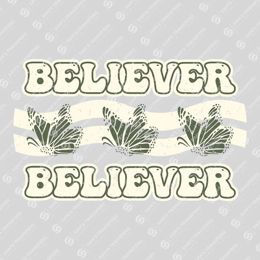 Apparel featuring a Believer-themed DTF transfer.