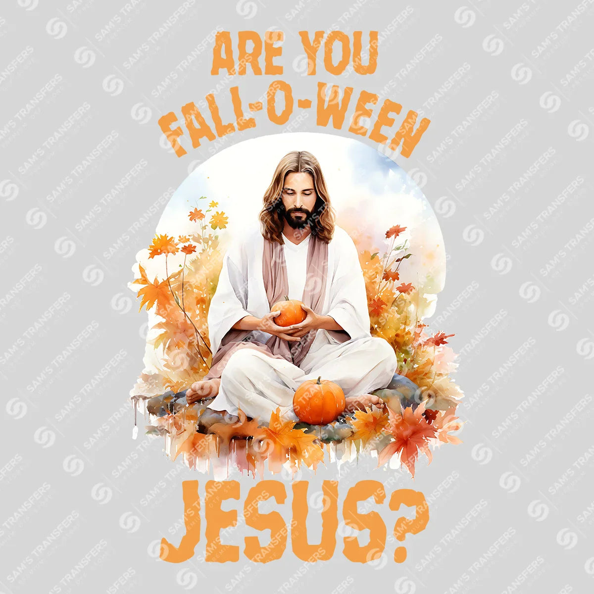 Apparel featuring a Are You Fall-O-Ween Jesus-themed DTF transfer.