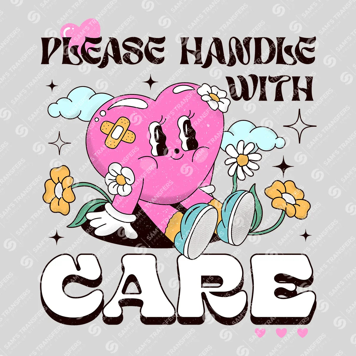 Apparel featuring a Please Handle with Care-themed DTF transfer.