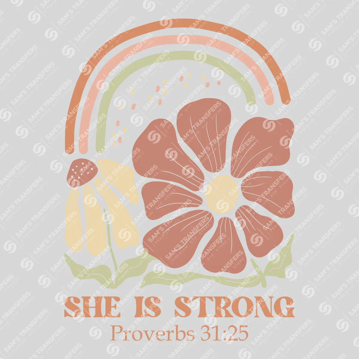 Apparel featuring a She Is Strong-themed DTF transfer.