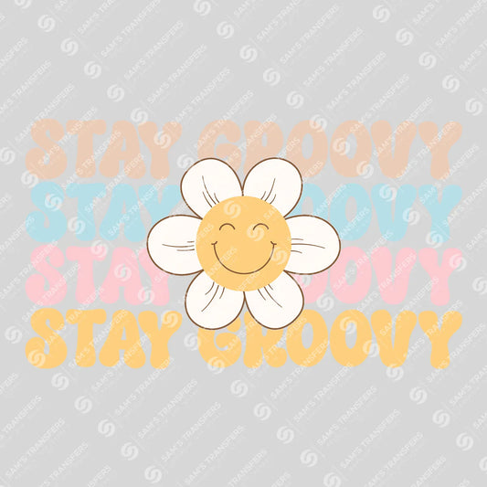 Apparel featuring a Stay Groovy-themed DTF transfer.