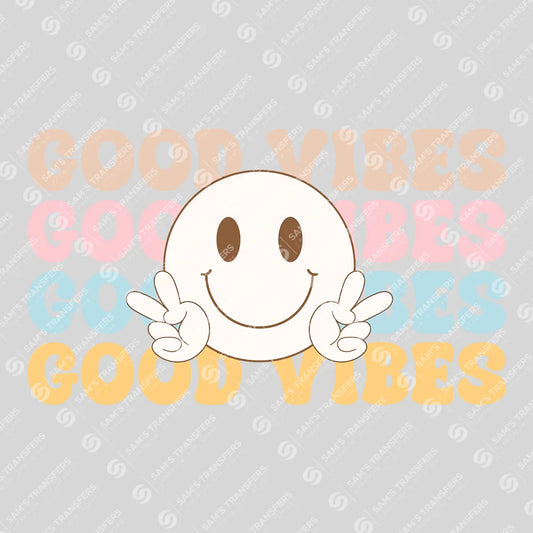 Apparel featuring a Good Vibes-themed DTF transfer.