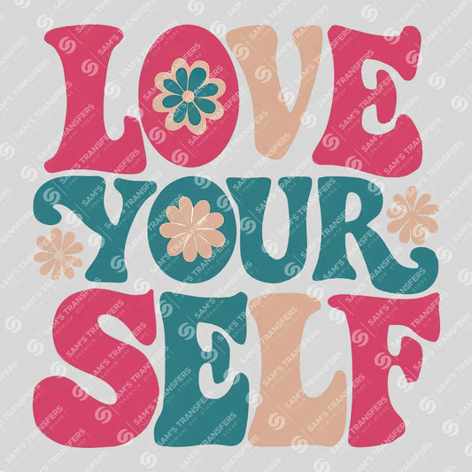 Apparel featuring a Love Yourself-themed DTF transfer.