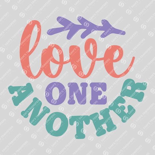 Apparel featuring a Love One Another-themed DTF transfer.