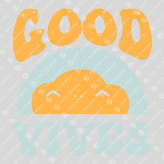 Apparel featuring a Good Vibes-themed DTF transfer.