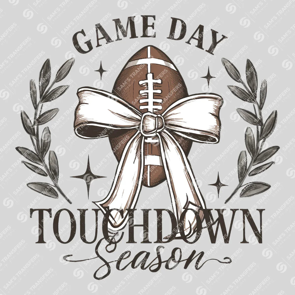 Apparel featuring a Game Day Touchdown Season Bow-themed DTF transfer.