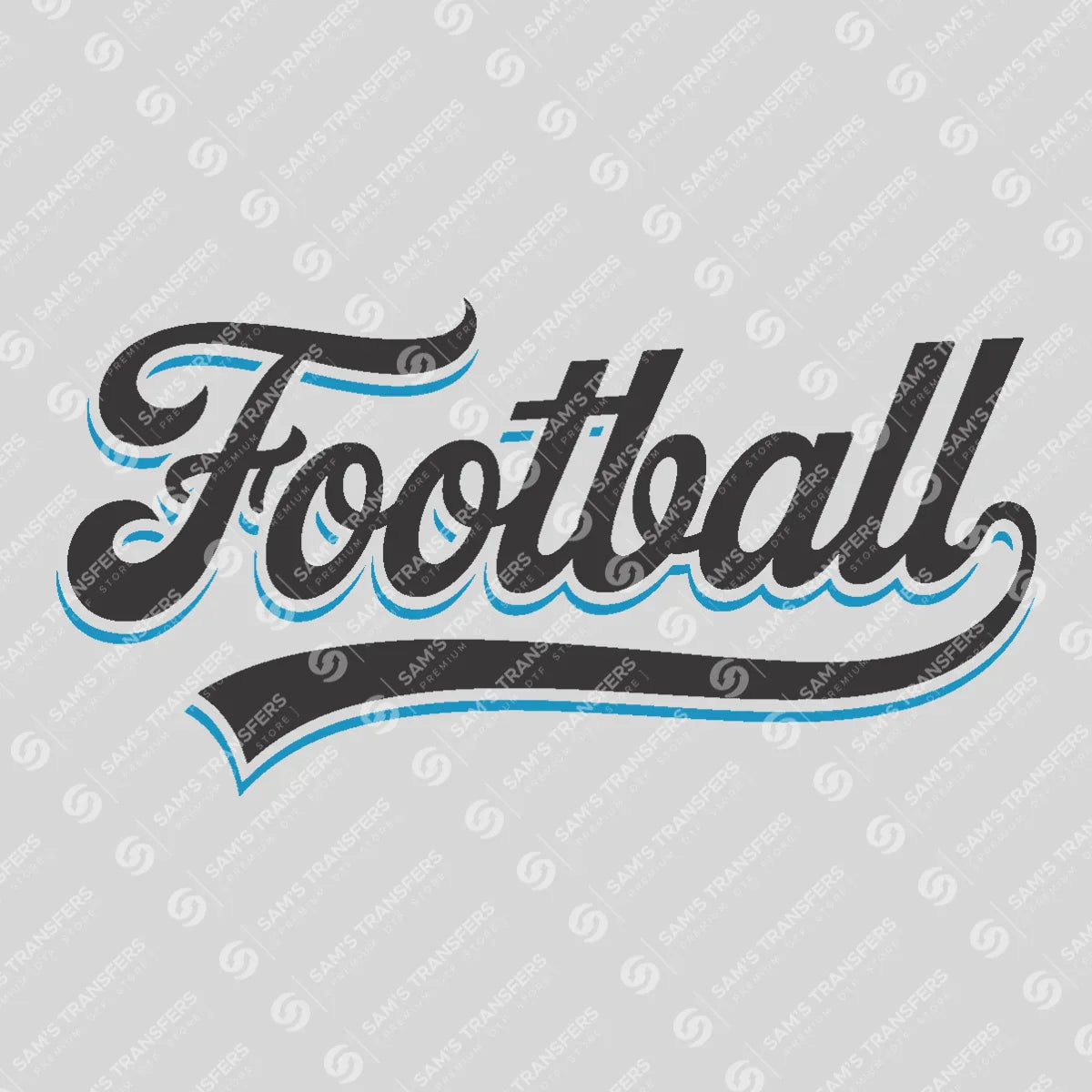 Apparel featuring a Football Script Blue-themed DTF transfer.