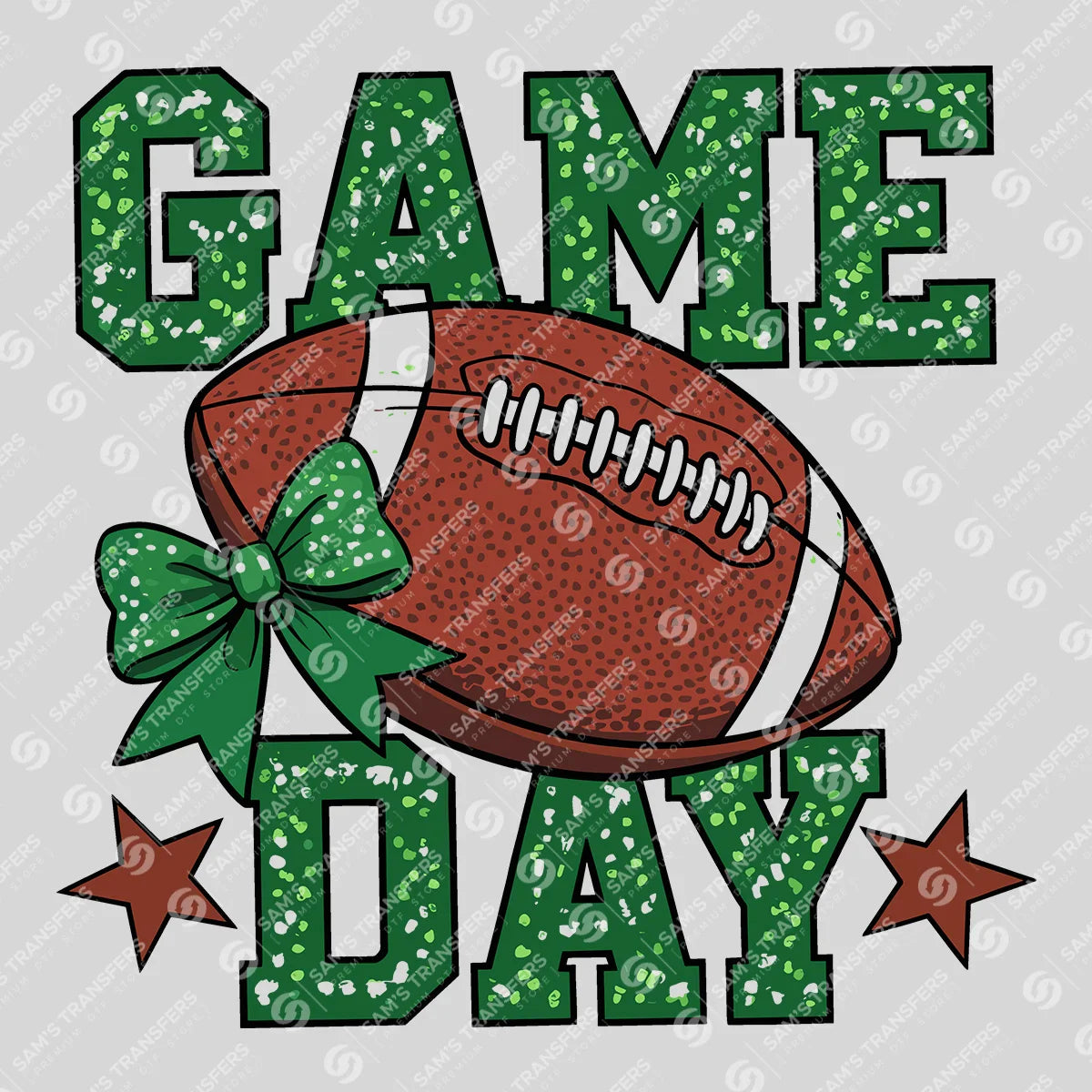 Apparel featuring a Game Day Green Glitter-themed DTF transfer.