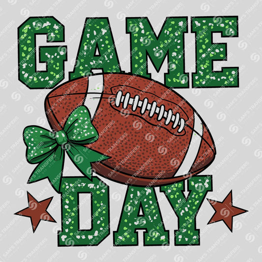 Apparel featuring a Game Day Green Glitter-themed DTF transfer.