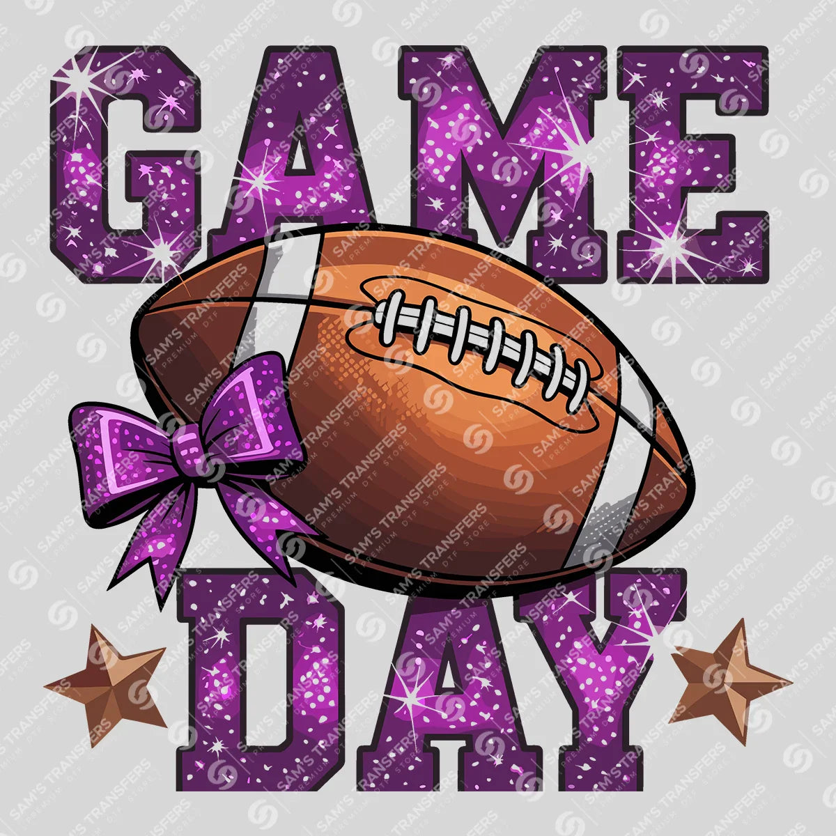 Apparel featuring a Game Day Purple Glitter-themed DTF transfer.