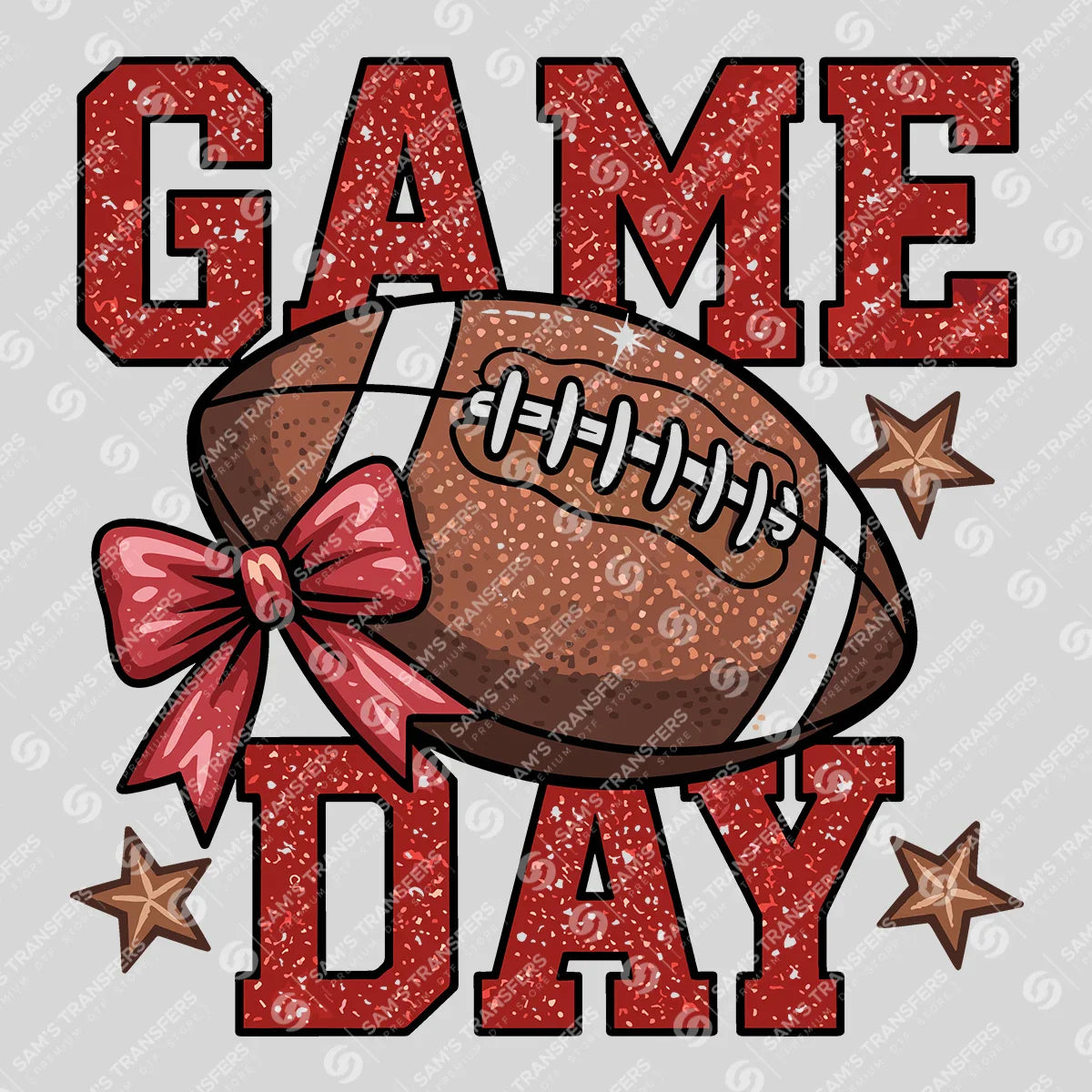 Apparel featuring a Game Day Red Glitter-themed DTF transfer.