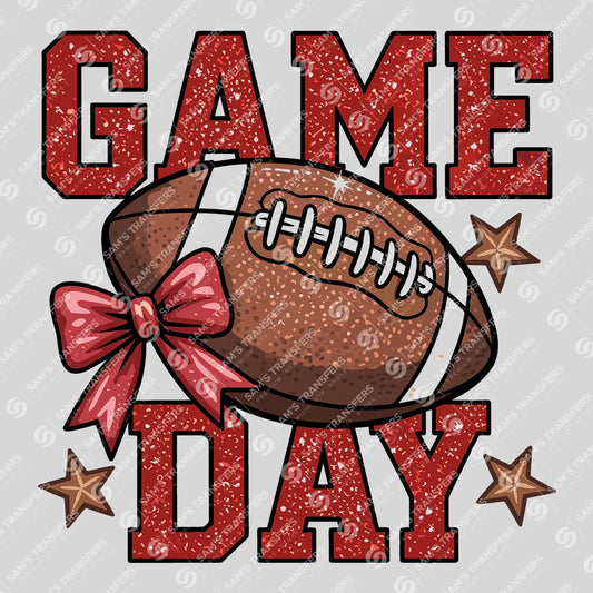 Apparel featuring a Game Day Red Glitter-themed DTF transfer.