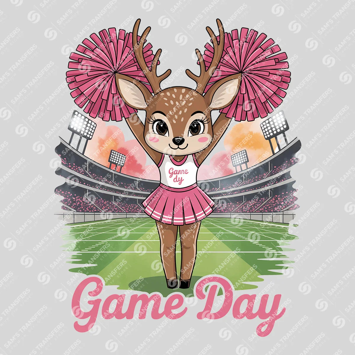 Apparel featuring a Game Day Cheer Deer-themed DTF transfer.