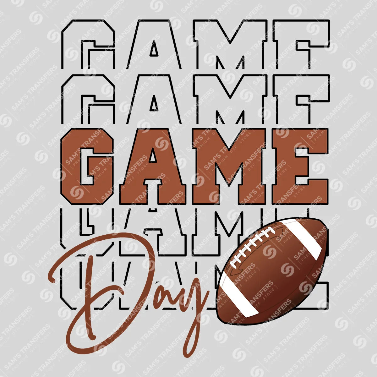 Apparel featuring a Game Day Football Stacked-themed DTF transfer.