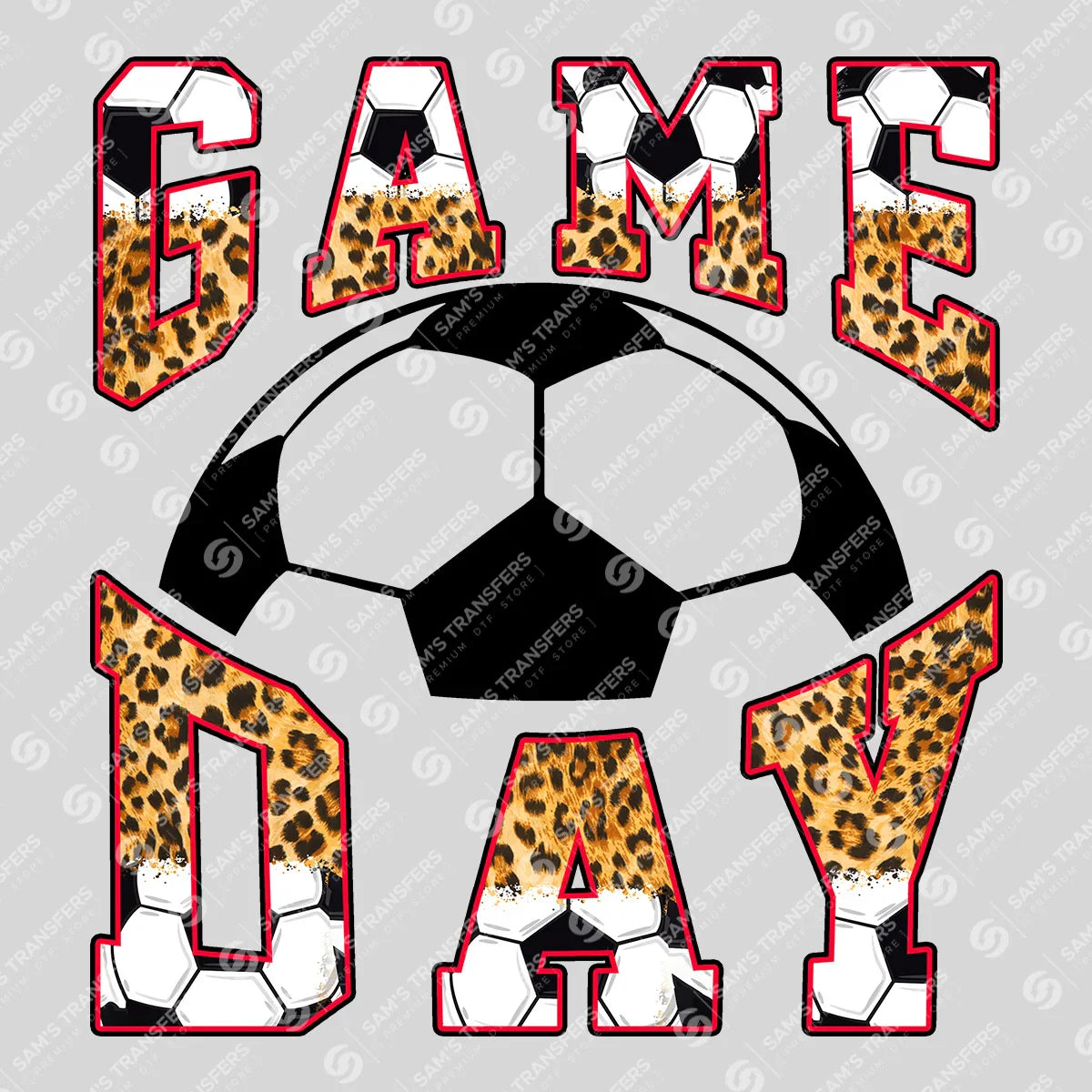 Apparel featuring a Game Day Leopard Soccer-themed DTF transfer.
