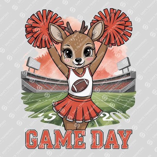 Apparel featuring a Game Day Cheerleader Deer-themed DTF transfer.