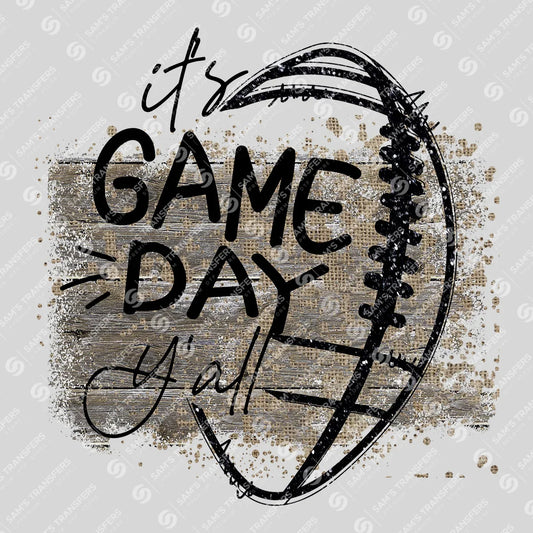 Apparel featuring a It's Game Day Y'all Burlap-themed DTF transfer.