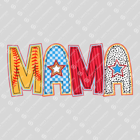 Apparel featuring a Mama Softball Doodle-themed DTF transfer.
