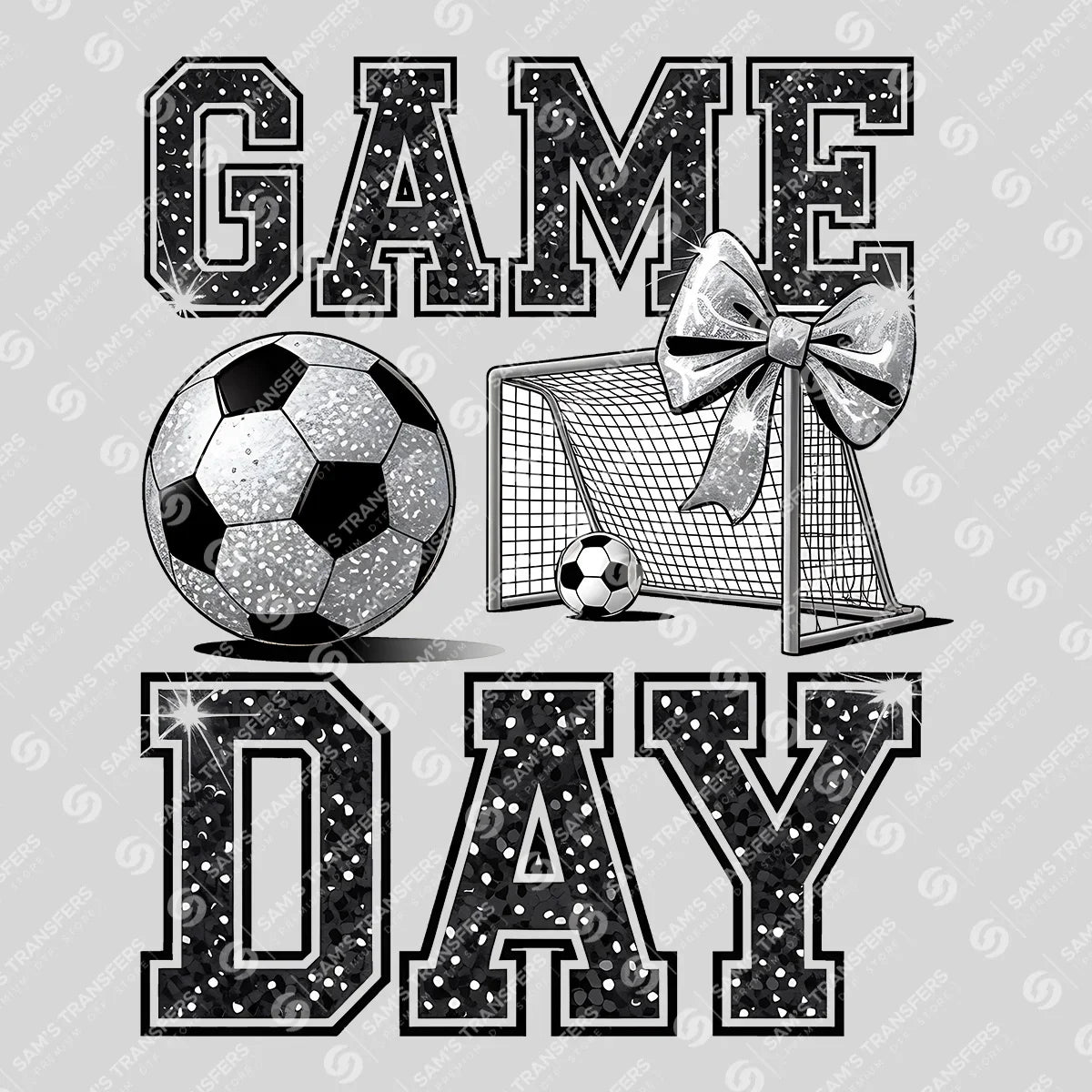 Apparel featuring a Game Day Soccer Glitter-themed DTF transfer.