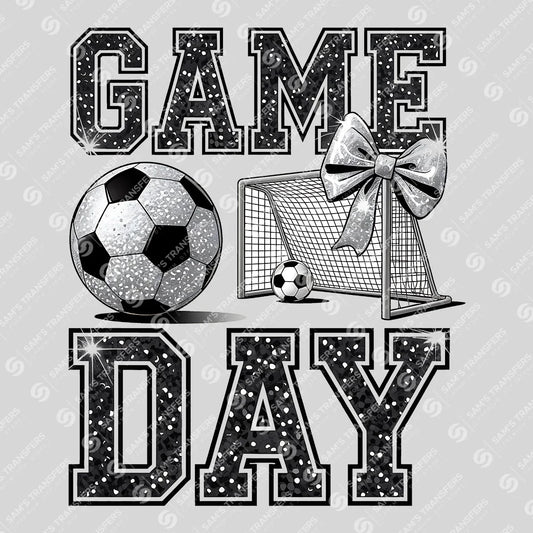Apparel featuring a Game Day Soccer Glitter-themed DTF transfer.