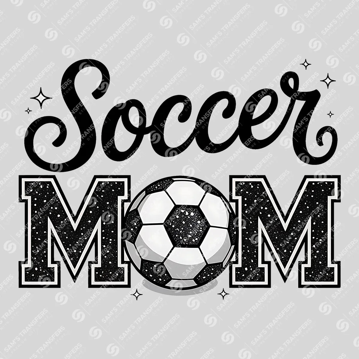 Apparel featuring a Soccer Mom Glitter-themed DTF transfer.