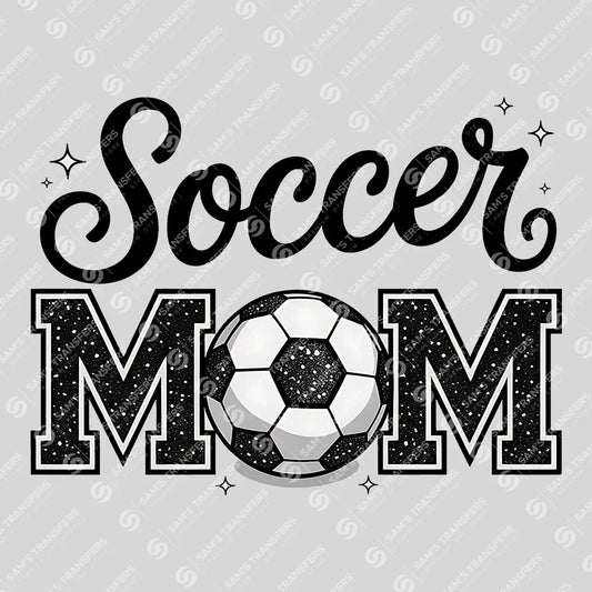 Apparel featuring a Soccer Mom Glitter-themed DTF transfer.