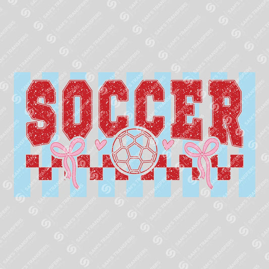 Apparel featuring a Soccer Coquette Bows-themed DTF transfer.