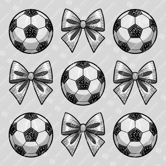 Apparel featuring a Soccer Ball Bow Collage-themed DTF transfer.