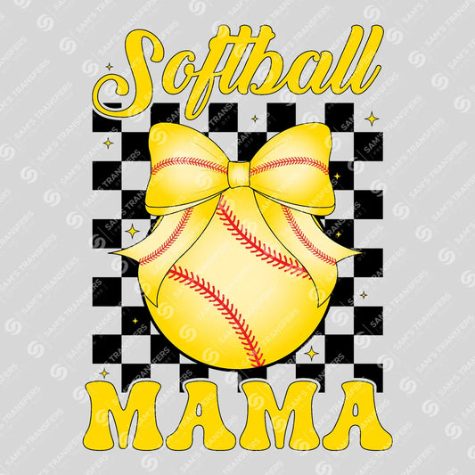Apparel featuring a Softball Mama Checkered Bow-themed DTF transfer.