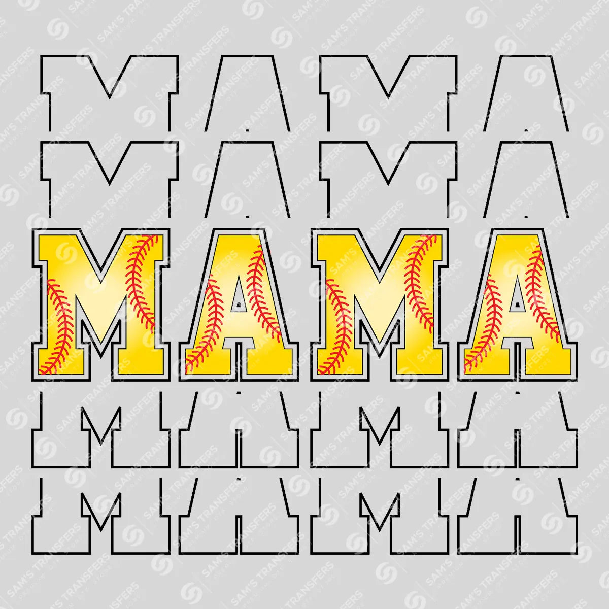 Apparel featuring a Mama Softball Stacked-themed DTF transfer.