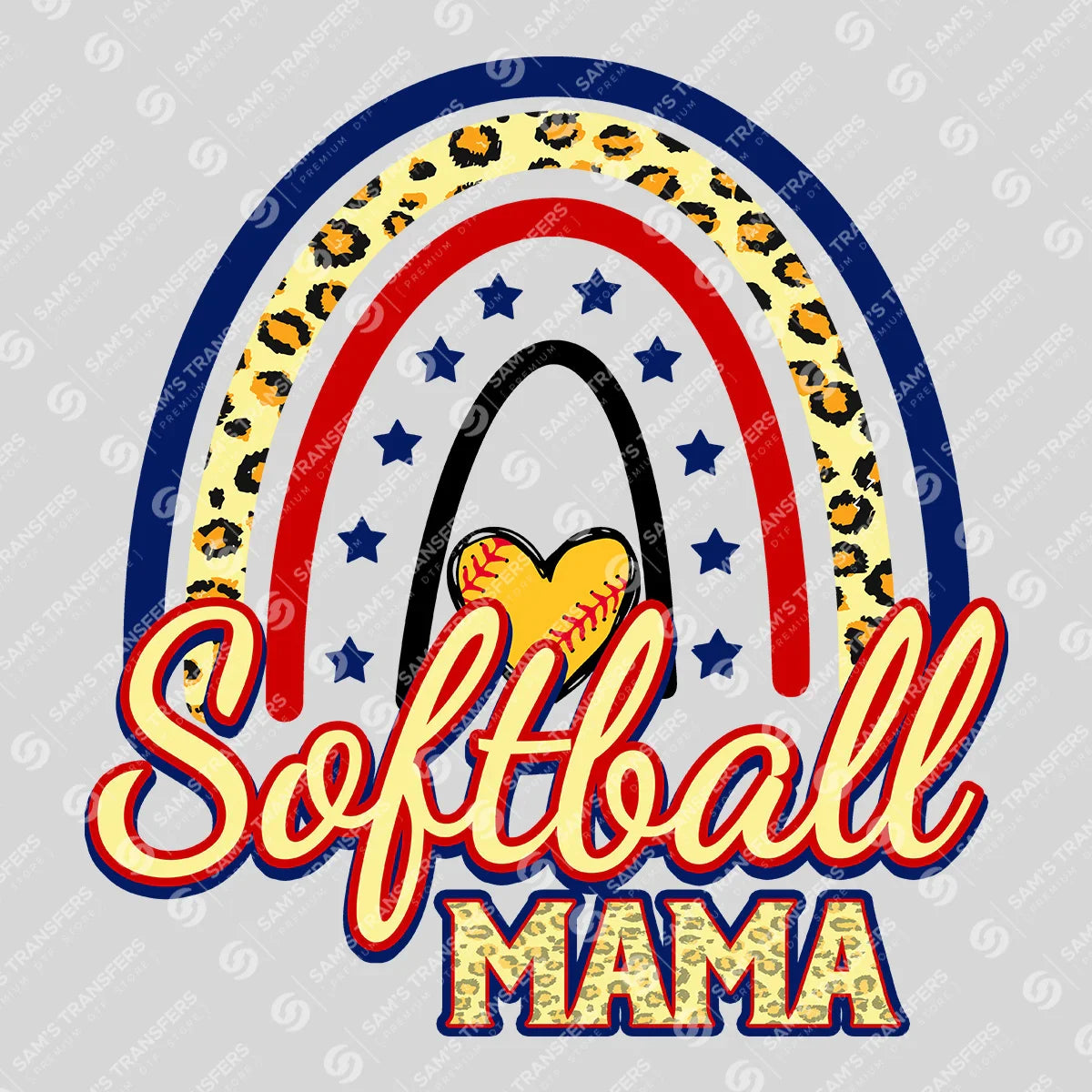 Apparel featuring a Softball Mama Rainbow-themed DTF transfer.