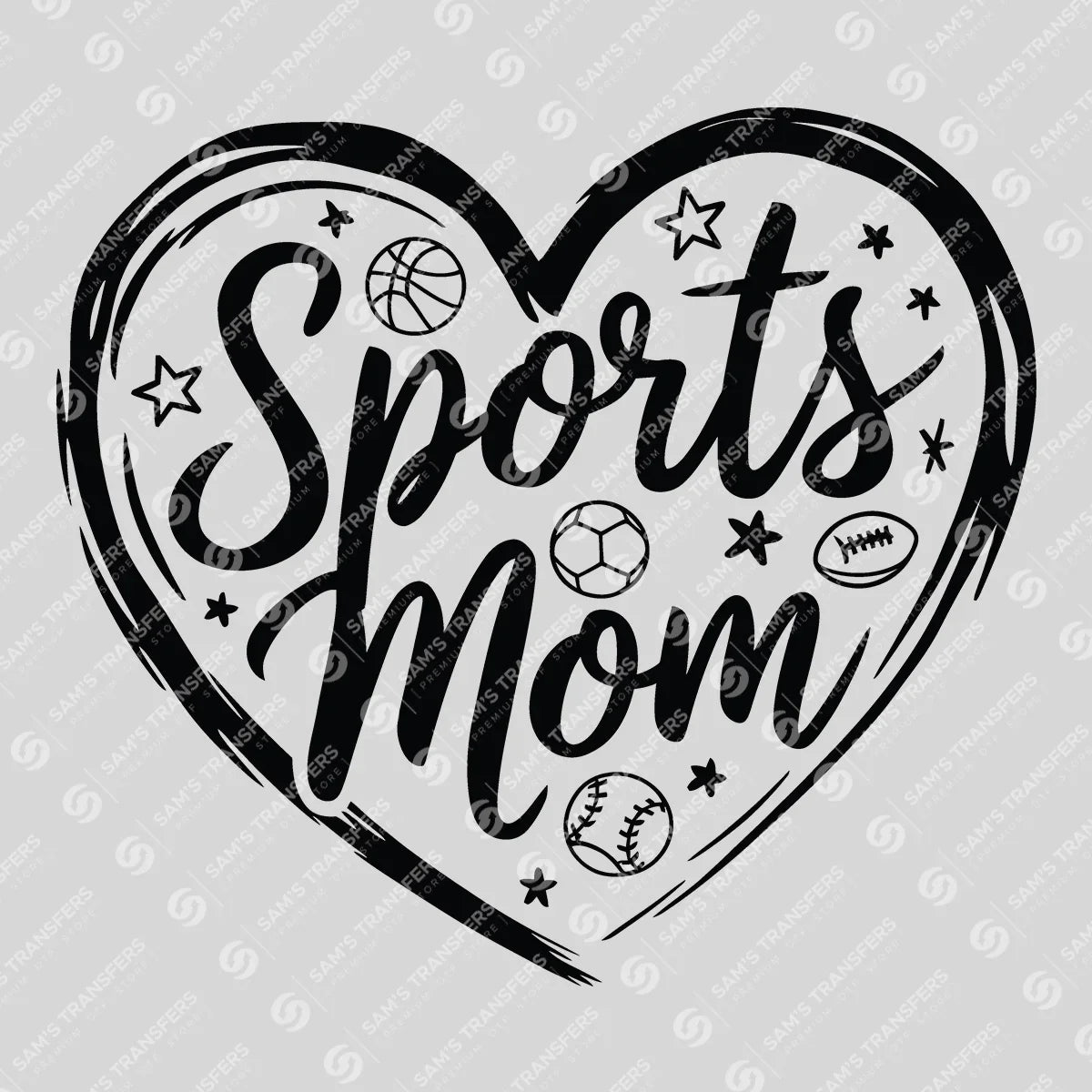 Apparel featuring a Sports Mom Heart-themed DTF transfer.