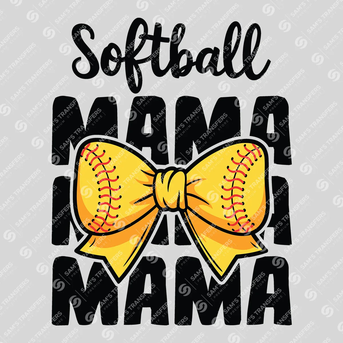 Apparel featuring a Softball Mama Bow Stacked-themed DTF transfer.