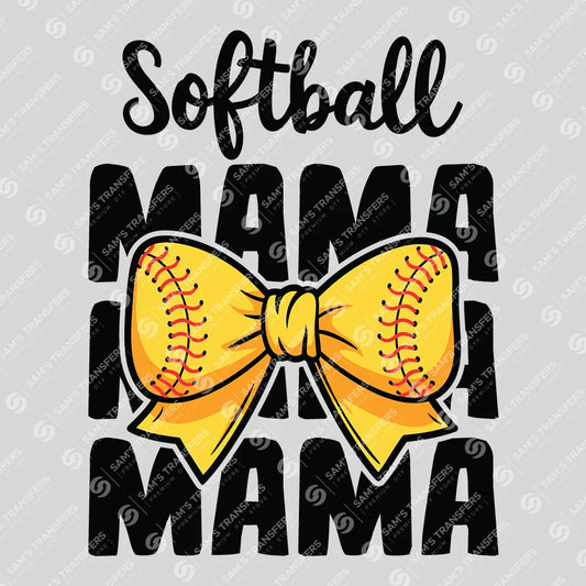 Apparel featuring a Softball Mama Bow Stacked-themed DTF transfer.