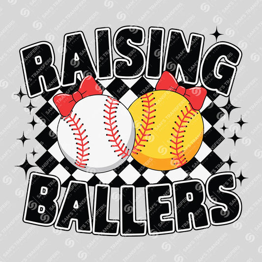 Apparel featuring a Raising Ballers Baseball Softball-themed DTF transfer.