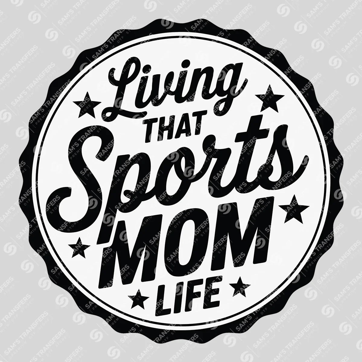 Apparel featuring a Living That Sports Mom Life-themed DTF transfer.