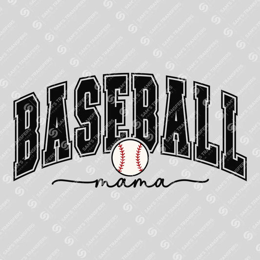 Apparel featuring a Baseball Mama Varsity-themed DTF transfer.