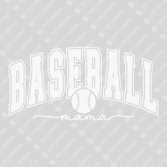 Apparel featuring a Baseball Mama Varsity White-themed DTF transfer.