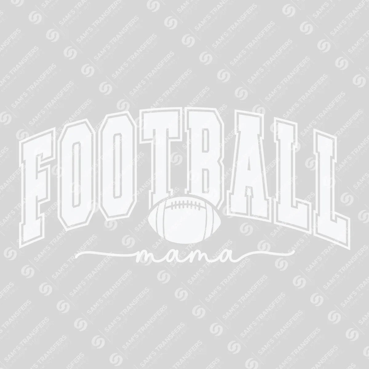 Apparel featuring a Football Mama Varsity White-themed DTF transfer.