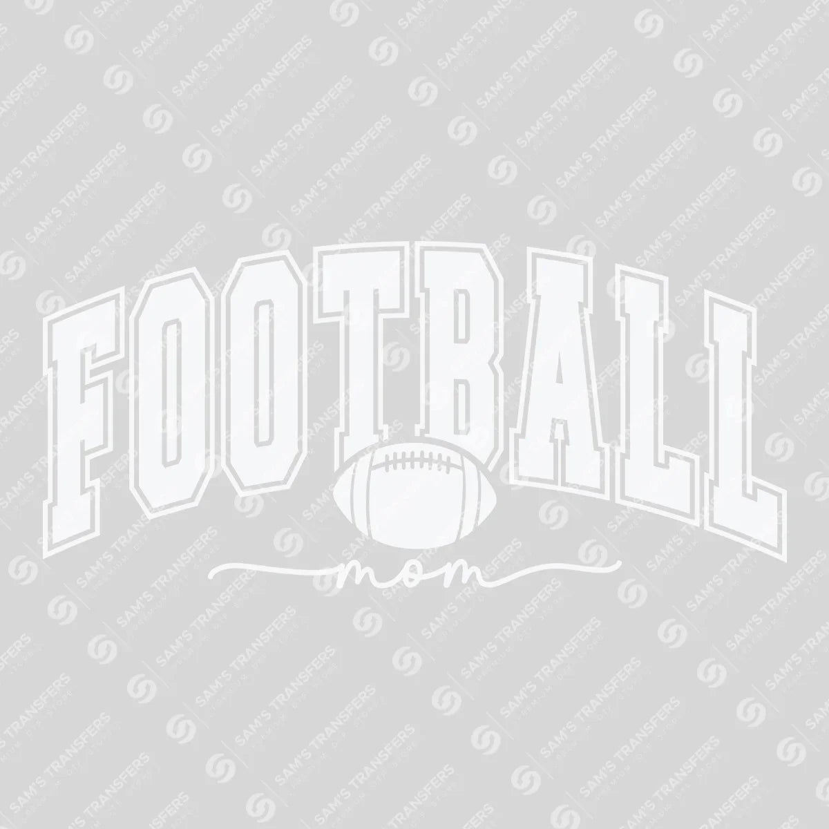 Apparel featuring a Football Mom Varsity White-themed DTF transfer.