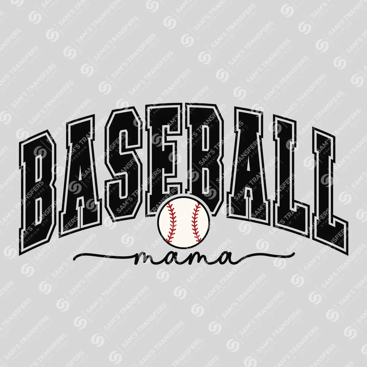 Apparel featuring a Baseball Mama Varsity-themed DTF transfer.