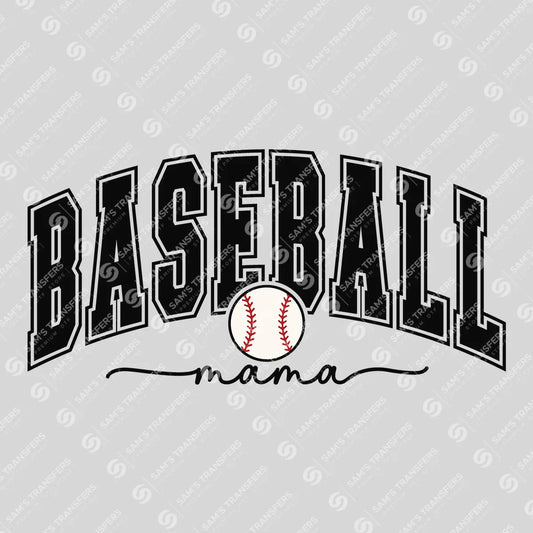 Apparel featuring a Baseball Mama Varsity-themed DTF transfer.
