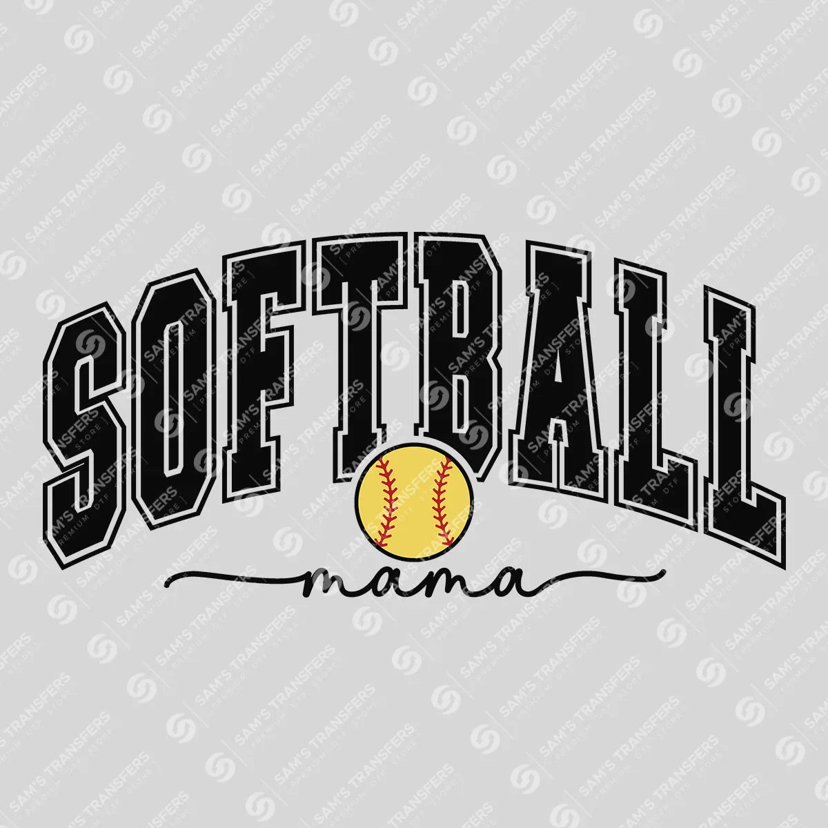 Apparel featuring a Softball Mama Varsity-themed DTF transfer.