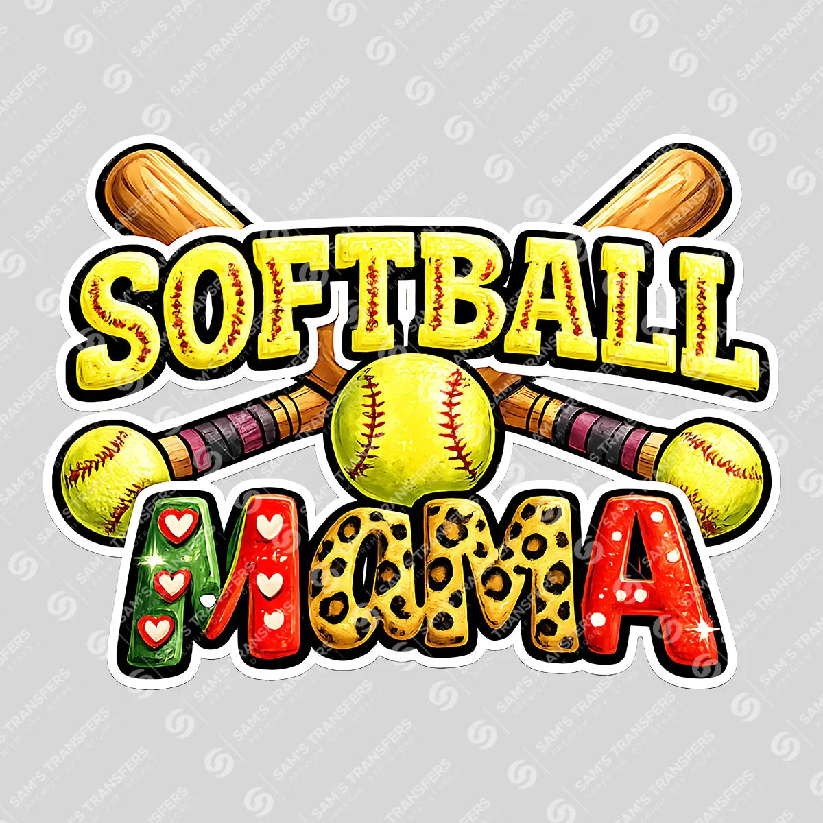 Apparel featuring a Softball Mama Doodle Gold-themed DTF transfer.